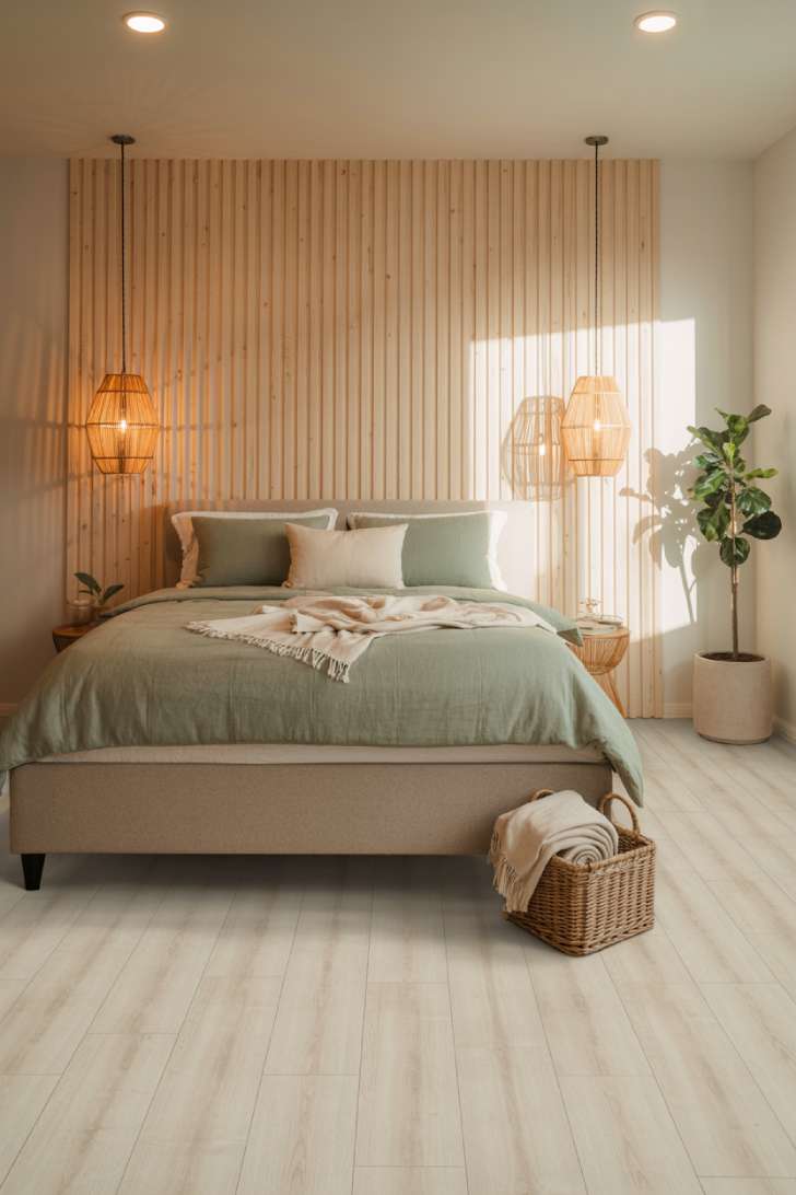 Basement bedroom with vertical light wood slat accent wall, bouclé bed frame, and rattan pendant lights