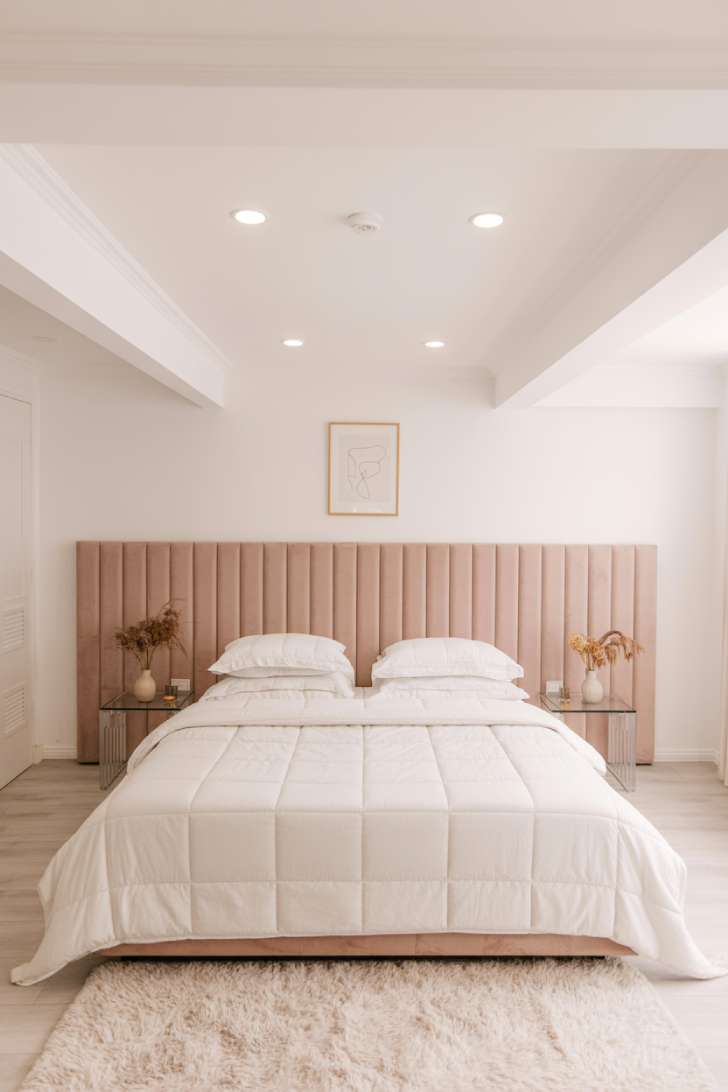 All-white basement guest bedroom with oversized dusty blush velvet tufted headboard and minimal gold-framed art
