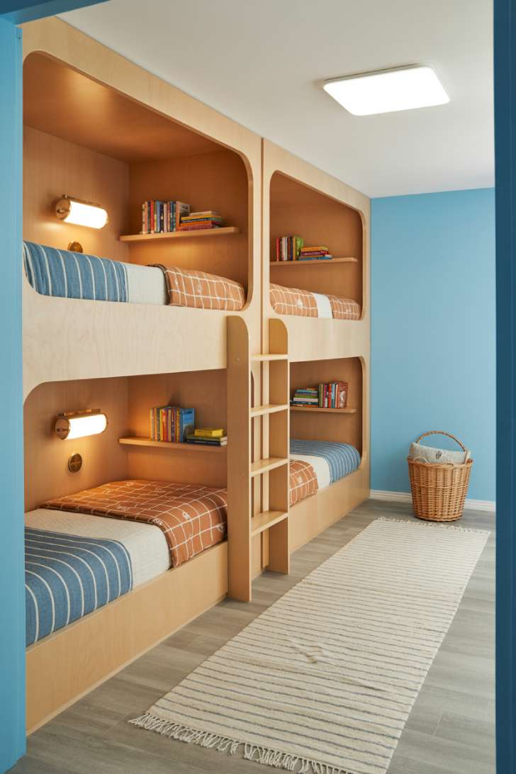 Basement bunk room with custom built-in maple bunks, coordinated blue and terracotta bedding, and individual reading lights