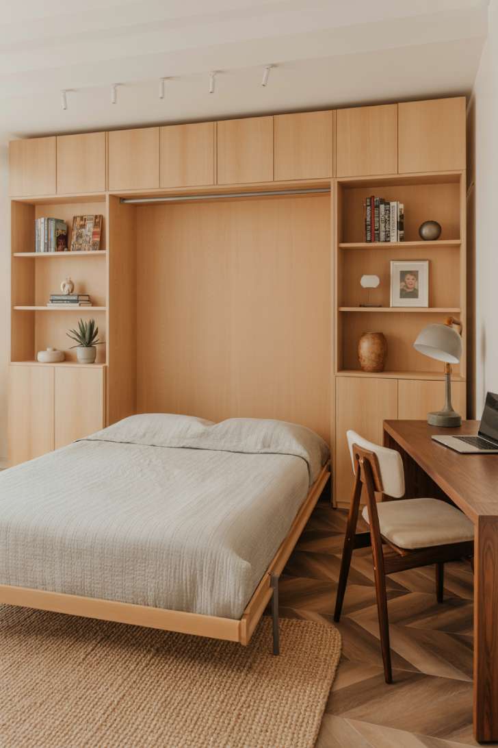 Basement room with white oak Murphy bed cabinet folded down, herringbone vinyl floor, and mid-century desk area