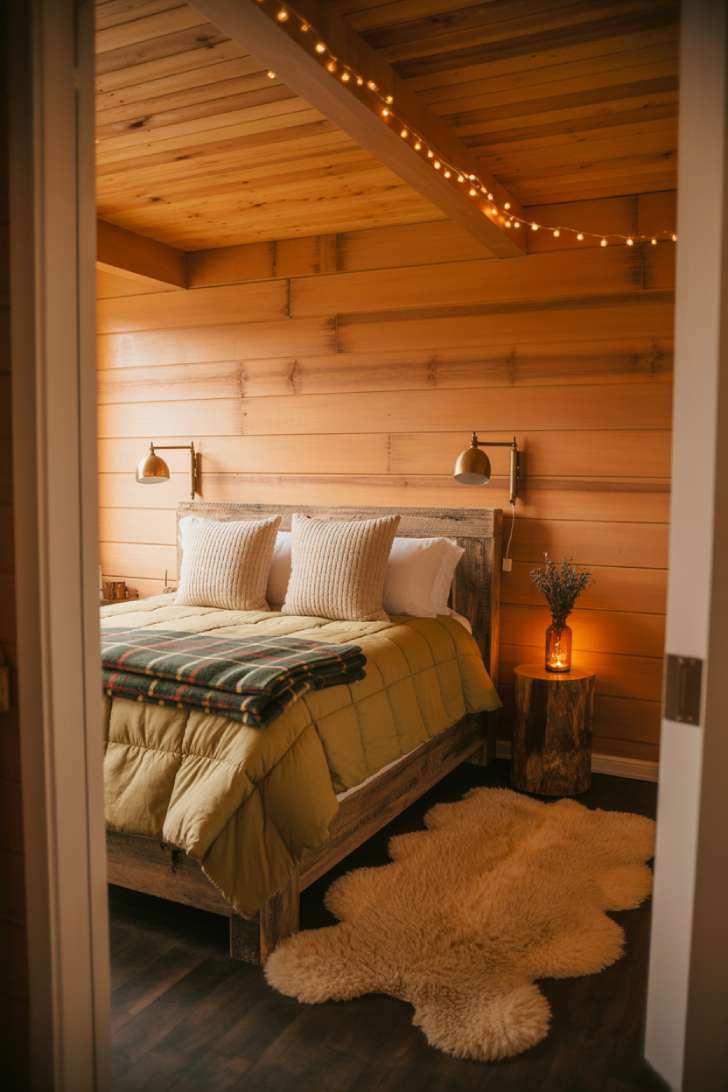 Cedar-clad basement bedroom with chunky wood bed frame, plaid wool blanket, sheepskin rug, and warm fairy light accents