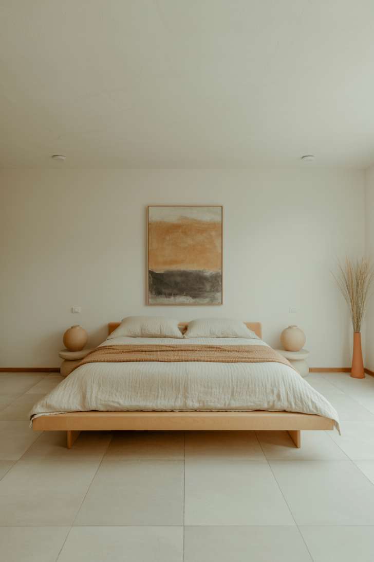 Minimalist basement bedroom with low maple platform bed, floor-level ceramic lamps, and oversized abstract earth-tone art