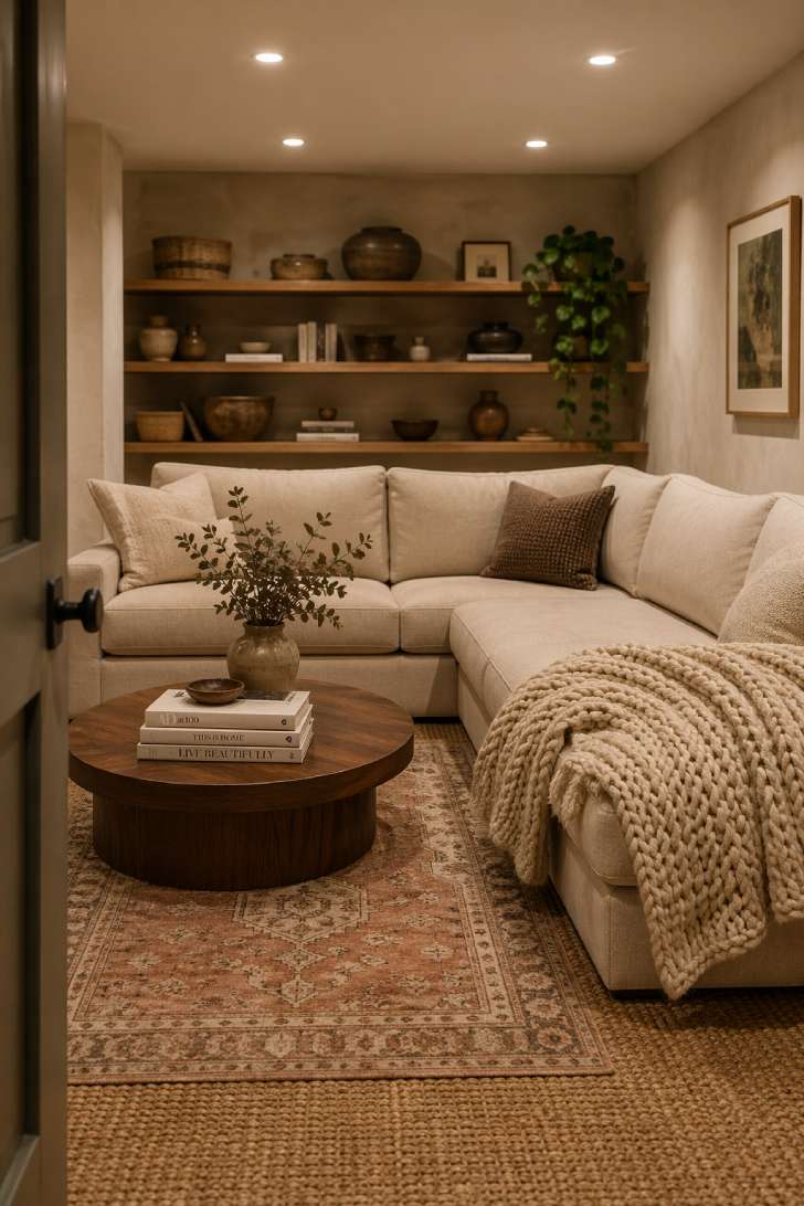 Warm neutral basement family room with clay walls, linen sectional, jute rug, and oak shelving styled with pottery and trailing plants.