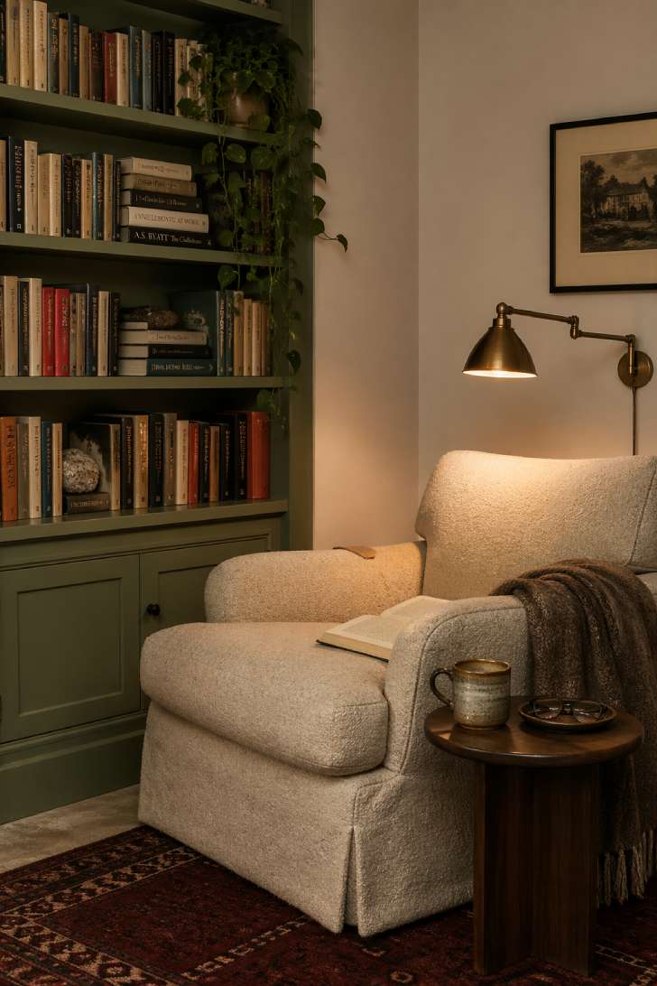 Intimate basement reading nook with oversized oatmeal armchair, sage green built-in bookcase, brass swing-arm lamp, and thick burgundy wool rug.