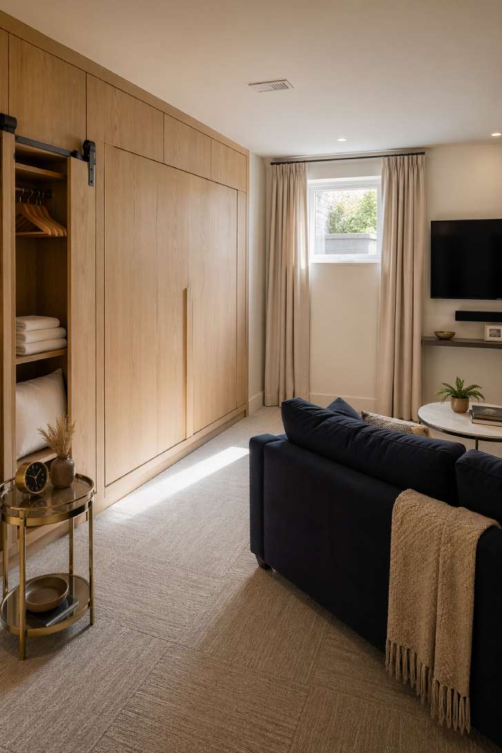 Multifunctional basement guest room with white oak Murphy bed cabinet, navy loveseat, egress window with linen curtains, and slim floating shelf below wall-mounted TV.