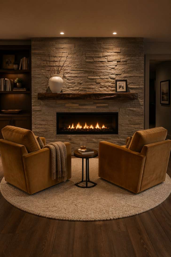 Basement family room anchored by a linear gas fireplace in stacked natural stone, live-edge walnut mantel, camel velvet armchairs, and cream wool rug.