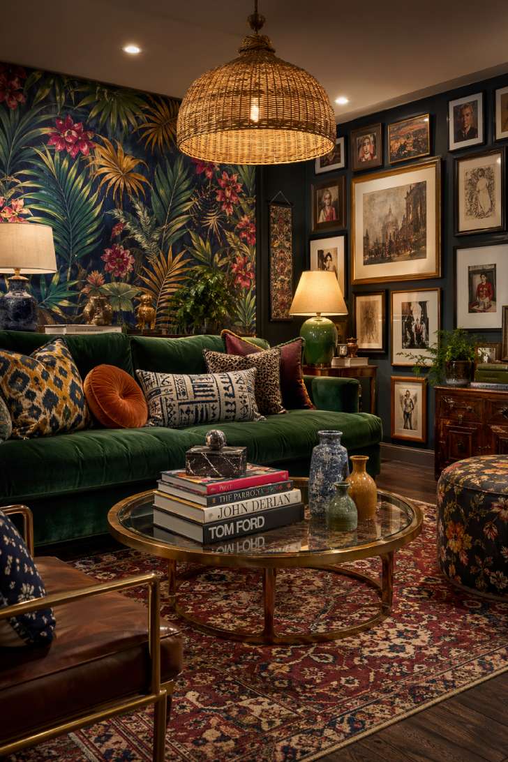 Maximalist basement family room with jewel-tone botanical wallpaper, emerald velvet sofa, mixed-pattern pillows, dense gallery wall, and brass coffee table.