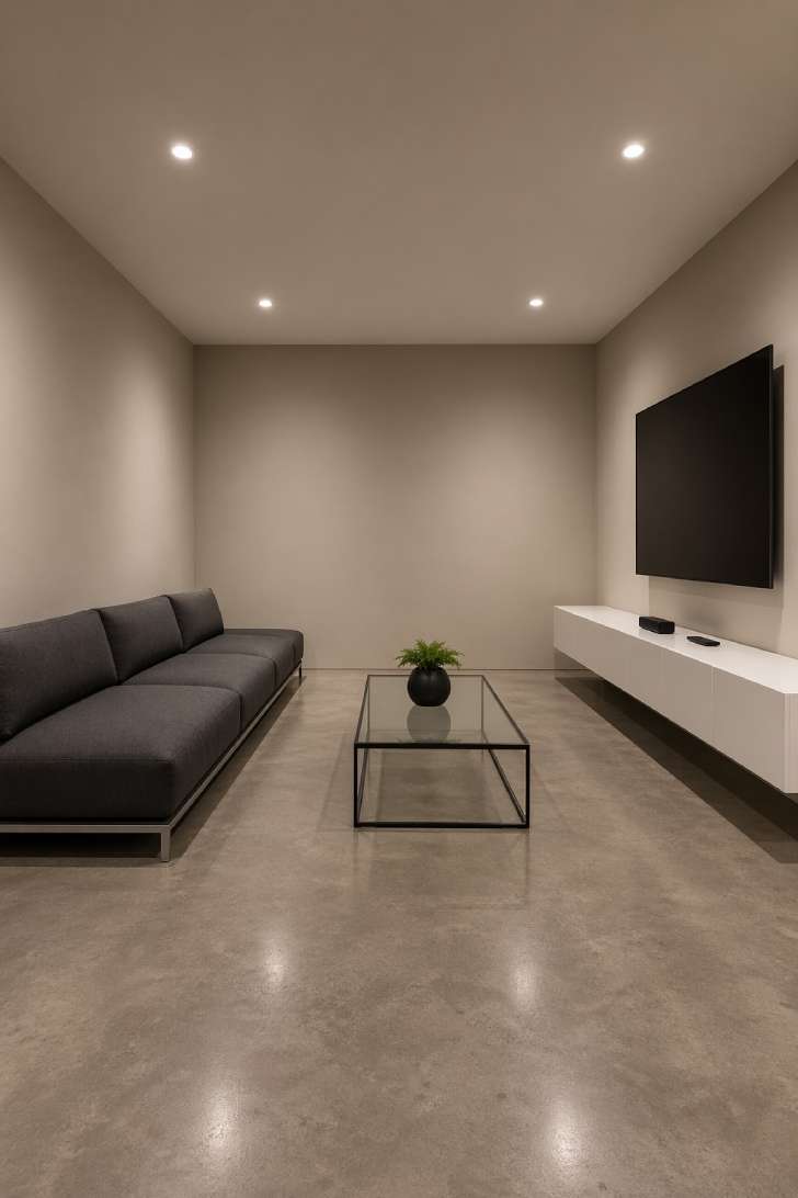 Modern minimalist basement family room with low charcoal linen sofa, polished concrete floor, floating white media console, and flush recessed lighting
