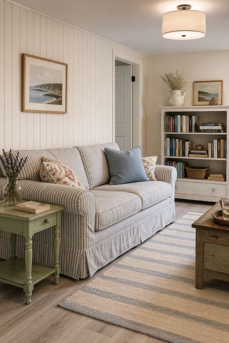 Cottage-style basement family room with cream beadboard walls, ticking-stripe rolled-arm sofa, distressed sage side table, whitewashed plank flooring, and fresh lavender.