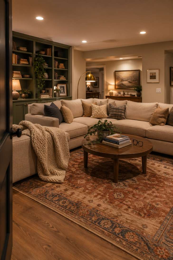 Cozy, beautifully styled basement family room with oatmeal linen sectional, sage green built-in bookcase, vintage rug, layered warm lighting, and walnut coffee table with books and trailing plant.