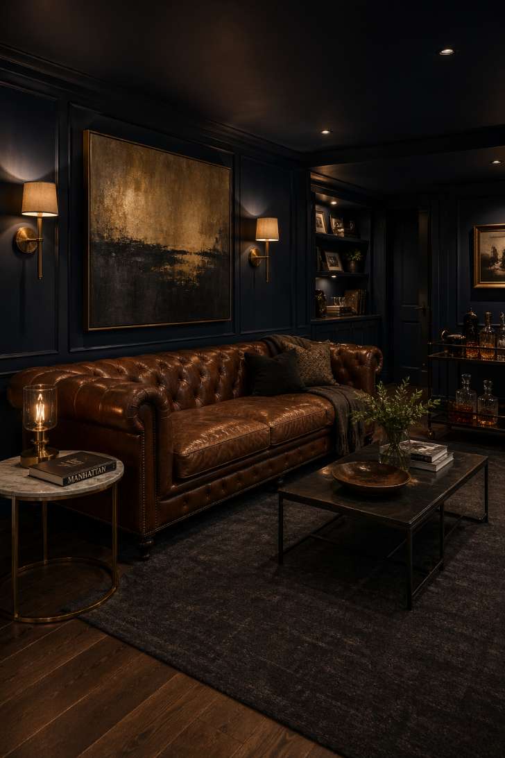 Moody navy basement lounge with cognac leather Chesterfield, brass sconces, abstract art, and warm ambient lighting from table lamps.