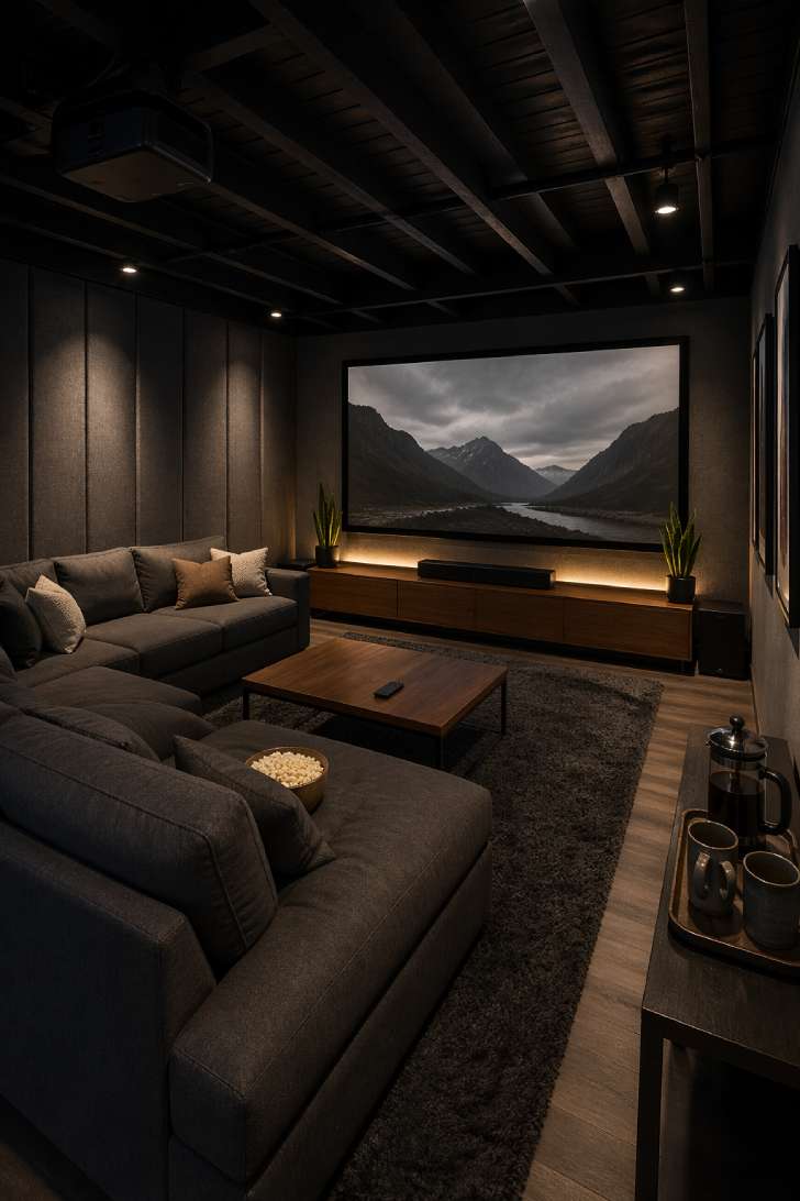 Open-concept basement media room with large projector screen, charcoal sectional, acoustic panels, and warm ambient LED backlighting.