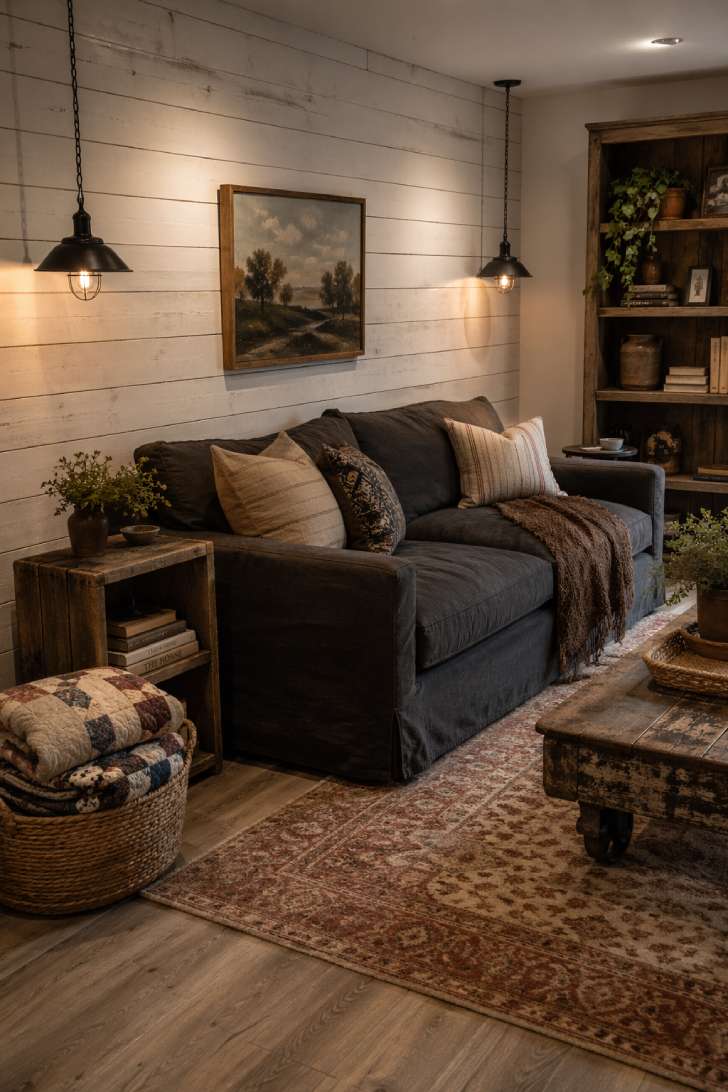 Rustic farmhouse basement family room with white shiplap accent wall, linen sofa, reclaimed wood bookcase, and iron pendant lighting.