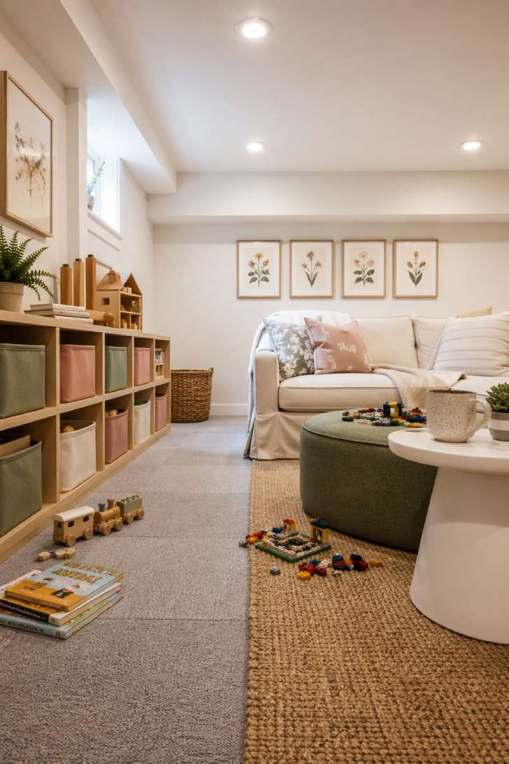 Kid-friendly basement family room with birch cubbies holding fabric bins, carpet tile play area, washable slipcovered sofa, and soft sage accents.