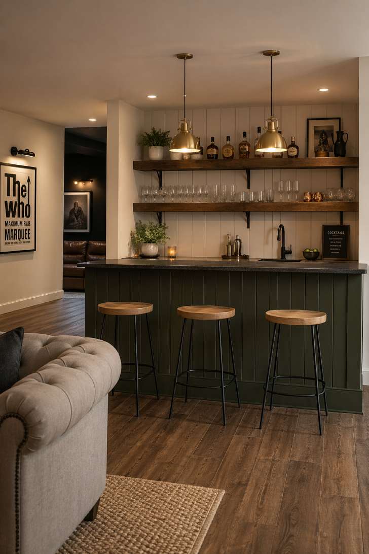 Basement wet bar with soapstone counter, olive green shiplap base, oak and metal stools, brass pendants, and open shelving with curated glassware.