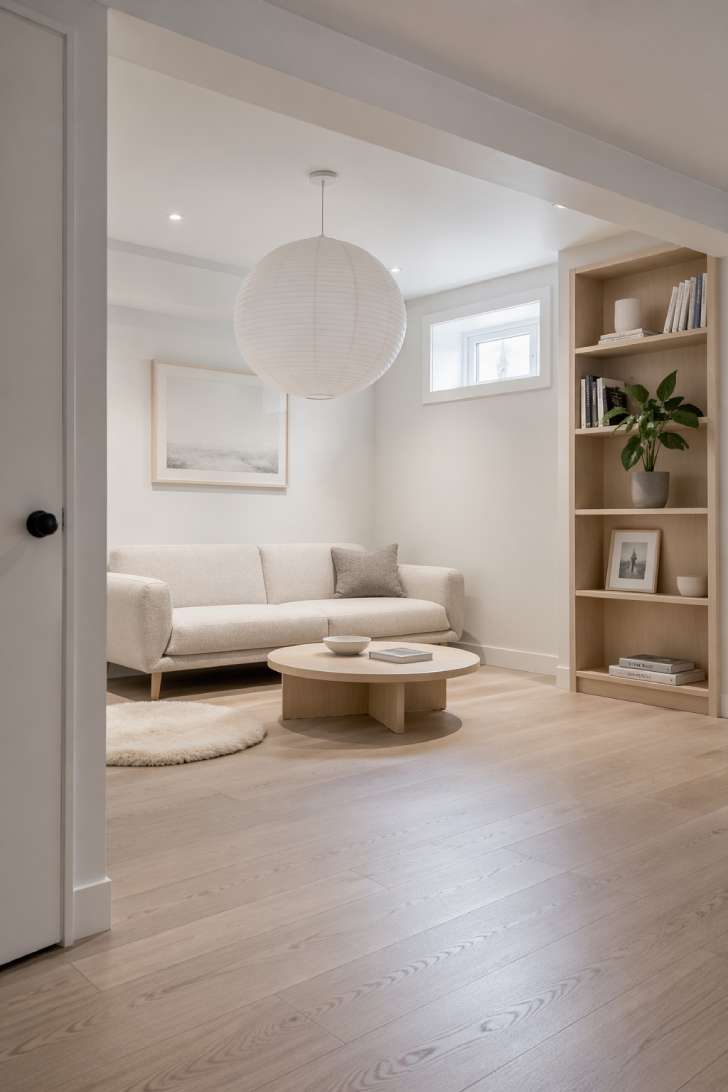 Bright Scandinavian-inspired basement family room with bouclé sofa, blonde wood furniture, paper lantern pendant, and pale oak wide-plank flooring.