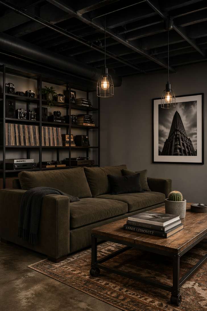 Industrial basement family room with matte black exposed ceiling, olive canvas sofa, reclaimed wood coffee table, and black metal bookcase with vinyl records.