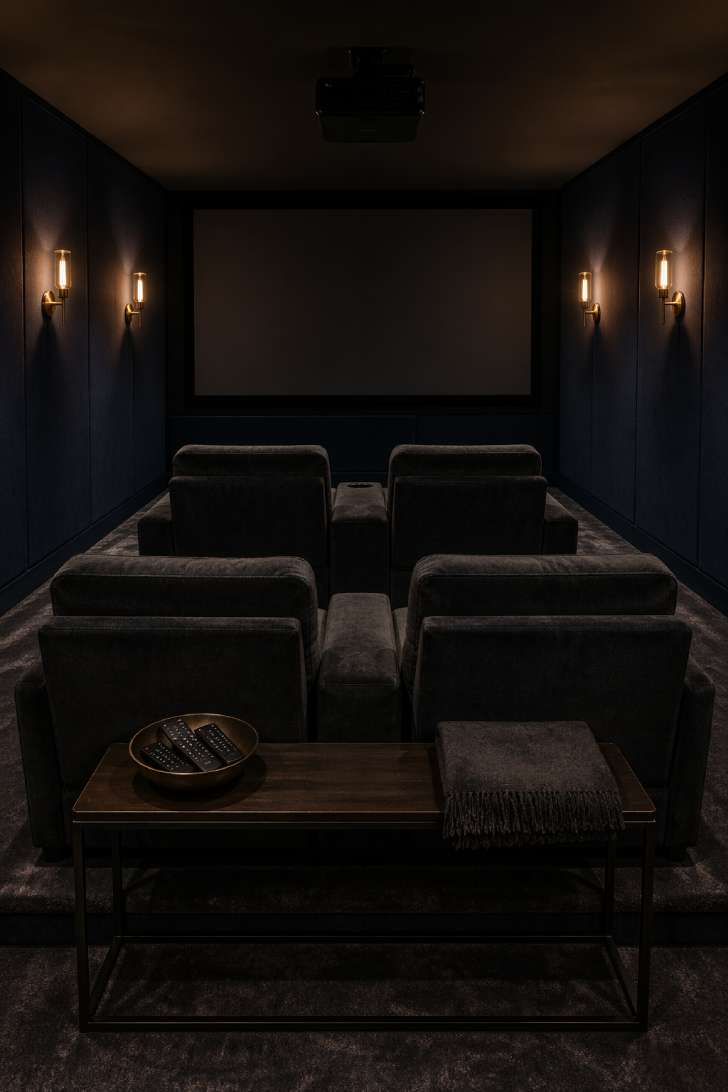 Dedicated basement home theater with two-row tiered seating in charcoal velvet, acoustic fabric walls, brass sconces, and a 130-inch projection screen.
