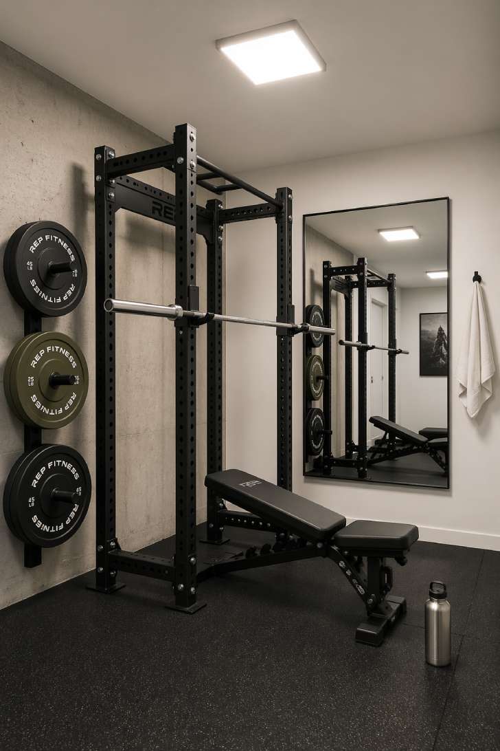Minimalist basement gym with black squat rack, Olympic barbell, and rubber flooring