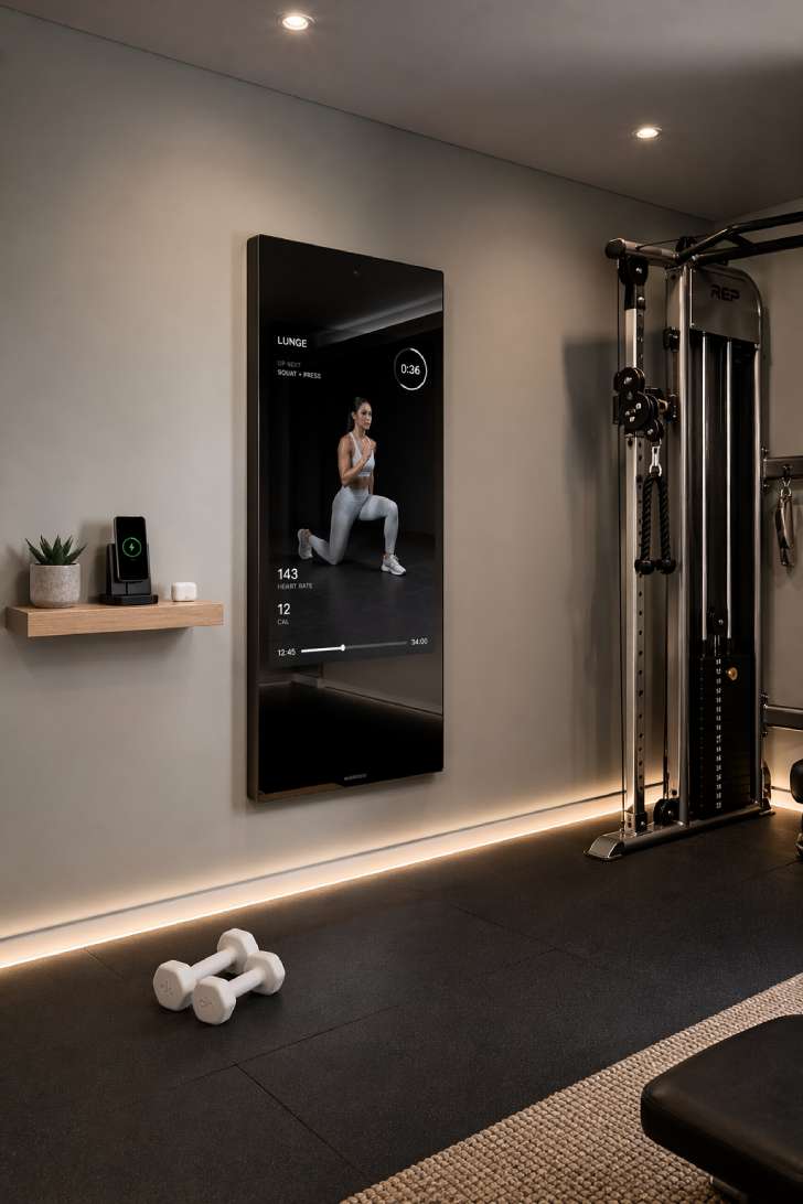 Modern smart basement gym with fitness mirror, ambient LED strip lighting, and cable machine