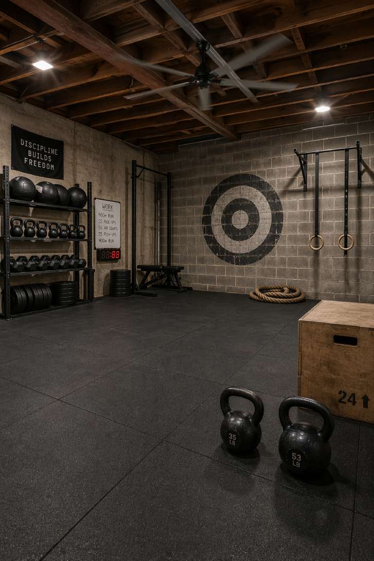 Industrial CrossFit-style basement gym with plyo box, kettlebells, battle rope, and pull-up rings