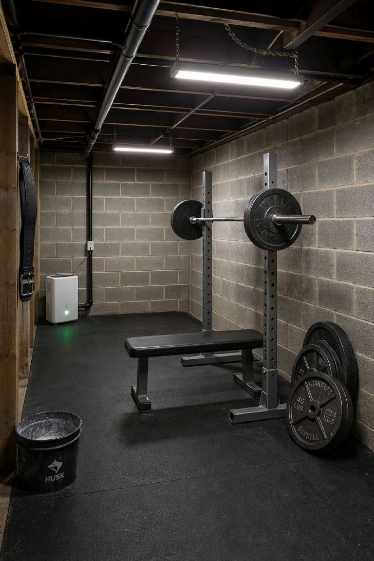 Unfinished basement gym with horse stall mats, exposed joists painted black, and squat stand