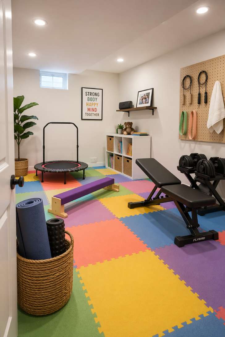 Family-friendly basement gym with foam tile flooring, folding bench, kids' balance beam, and pegboard storage