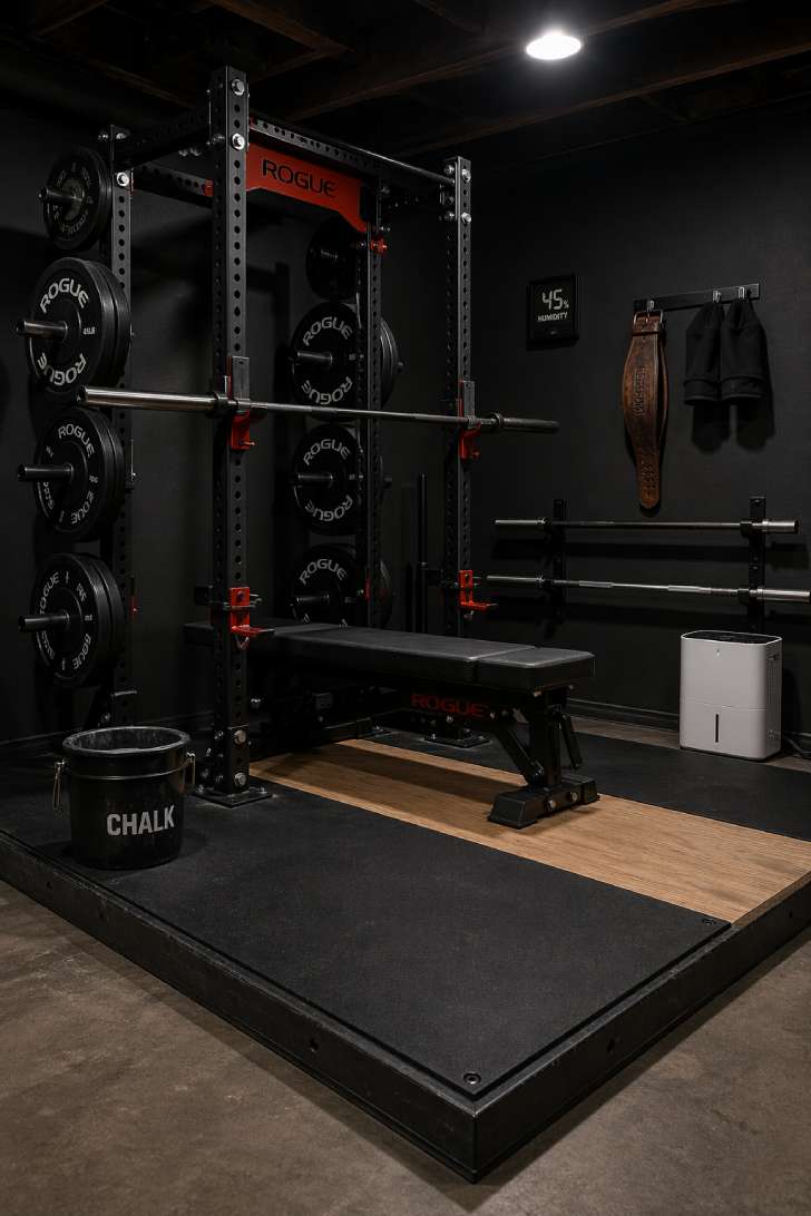 Powerlifting basement gym with bolted power rack, deadlift platform, bumper plates, and chalk bucket