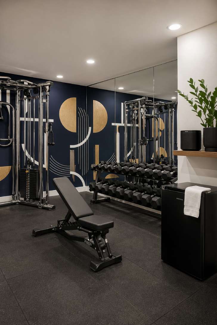 Showpiece basement gym with navy accent wall, geometric mural, chrome cable machine, and full-wall mirror
