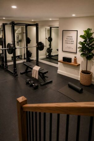 Stylish finished basement gym viewed from the staircase, featuring power rack, yoga corner, warm lighting, and modern decor