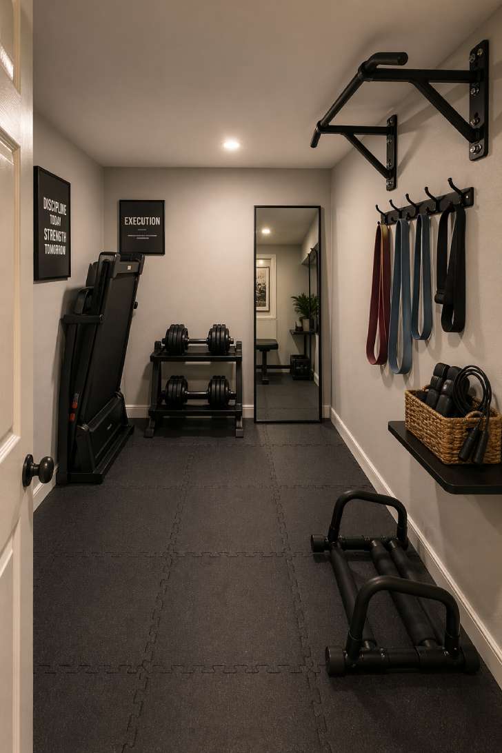 Compact small basement gym with foldable treadmill, adjustable dumbbells, and wall-mounted pull-up bar
