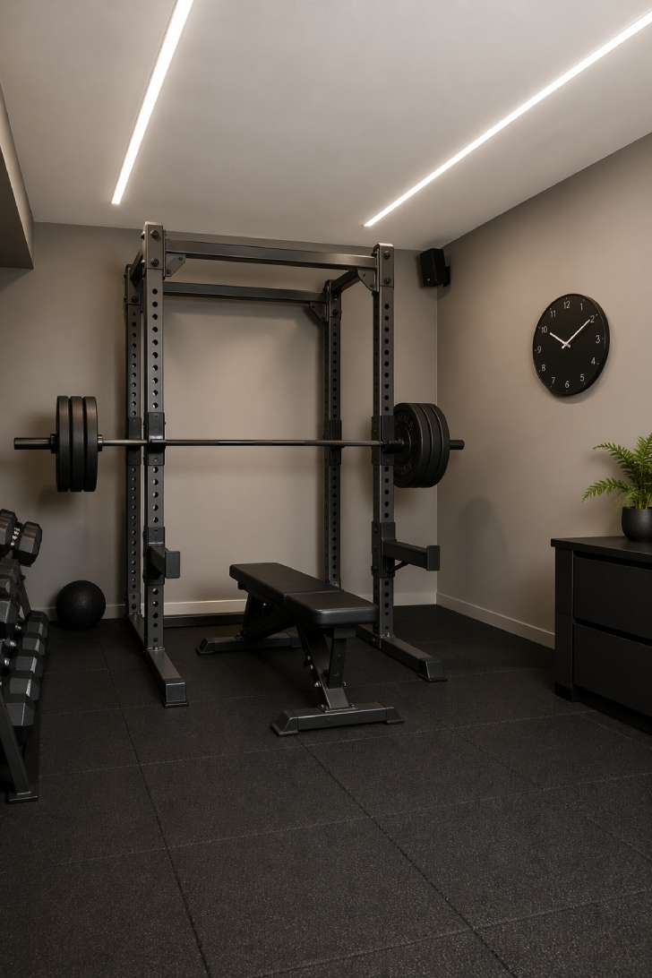 Low ceiling basement gym with short-profile power rack and landmine press attachment