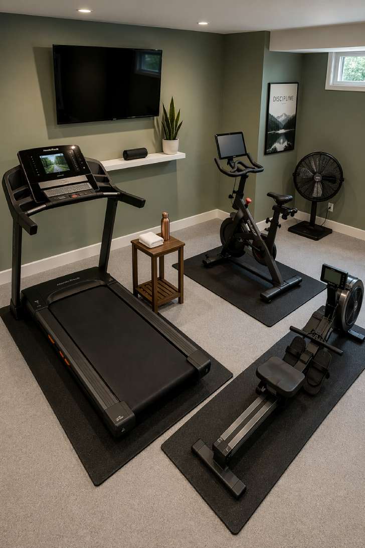 Basement cardio zone with treadmill, stationary bike, and rowing machine in a bright sage green room
