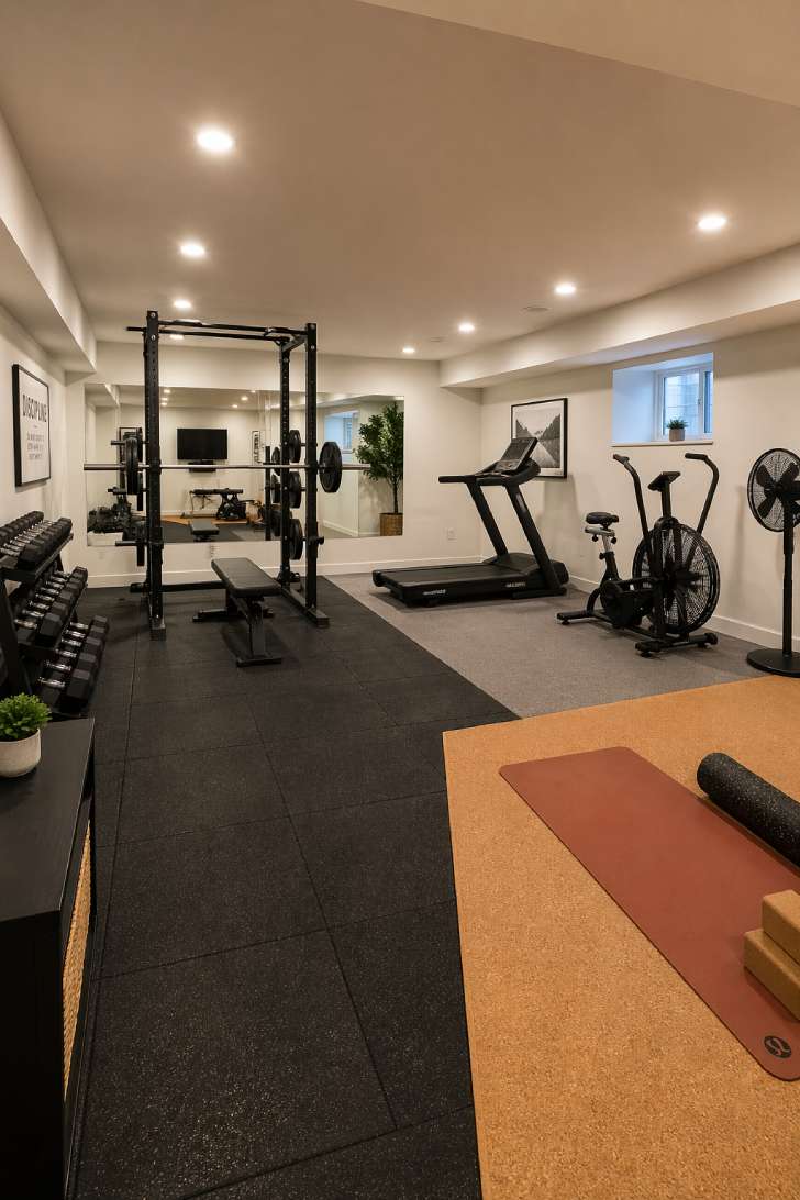 Large basement gym with distinct strength, cardio, and stretching zones separated by different flooring types