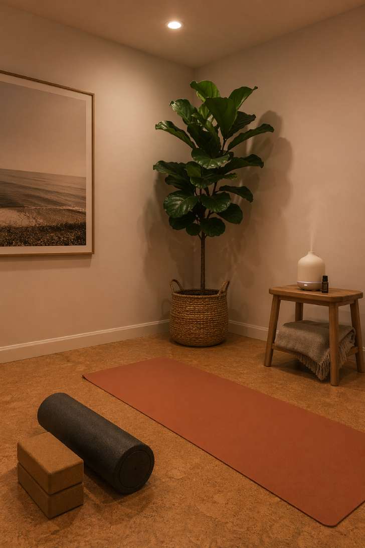 Calming yoga and recovery corner in a basement with cork flooring, terracotta yoga mat, and warm low lighting