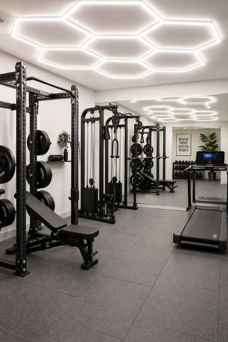 Brightly lit windowless basement gym with hexagonal LED ceiling lights and full-wall mirror
