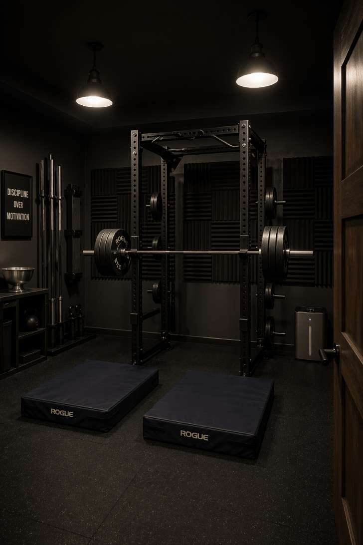 Soundproofed dark basement gym with acoustic panels, crash pads, and heavy-duty power rack