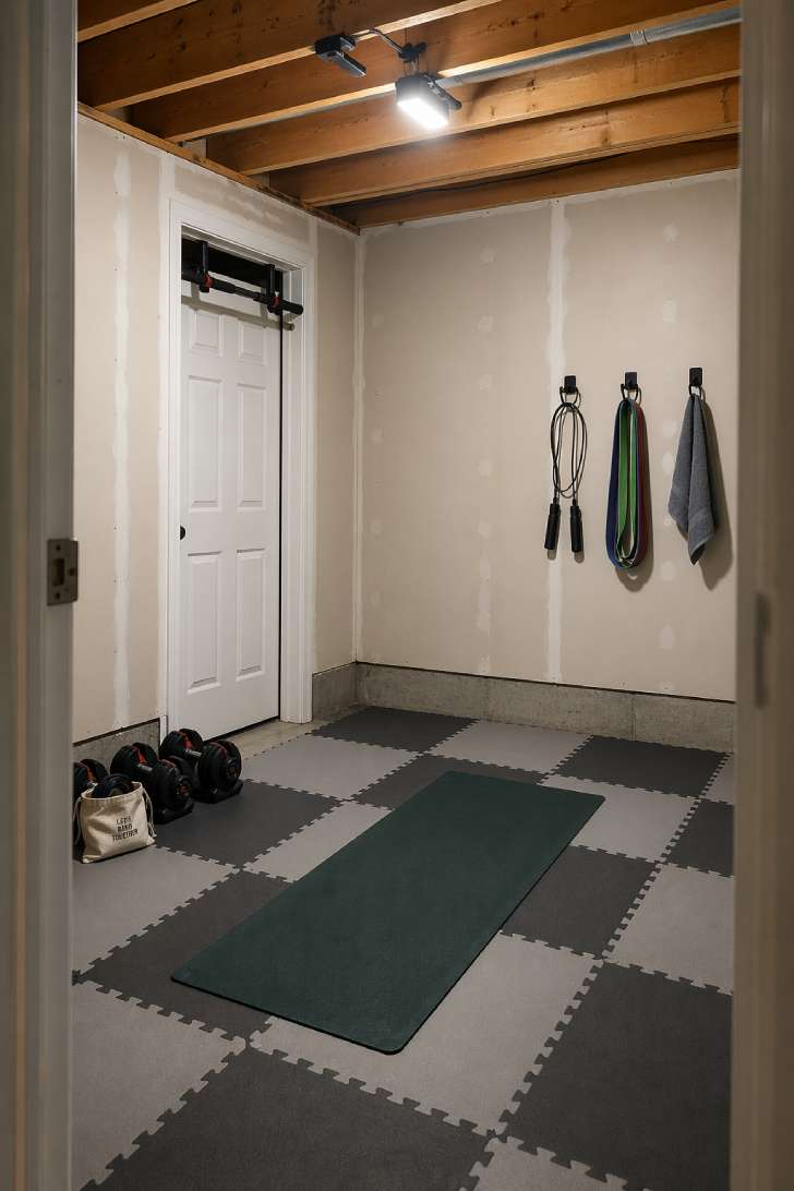Budget basement gym under $500 with foam tiles, adjustable dumbbells, pull-up bar, and resistance bands