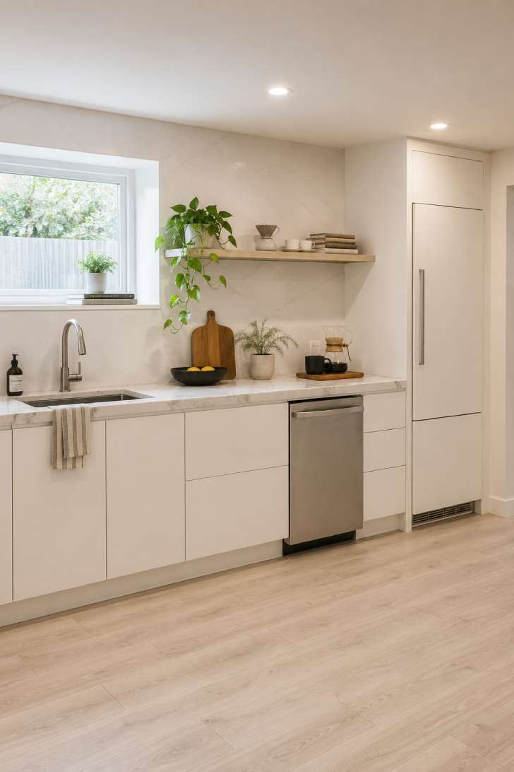 Bright white one-wall basement kitchen with quartz countertop and flat-panel cabinetry.