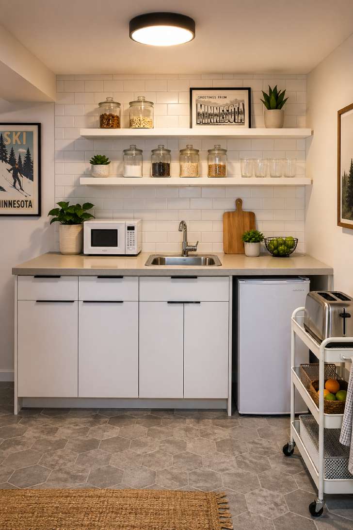 Budget-friendly white IKEA basement kitchenette with peel-and-stick tile and rolling cart.