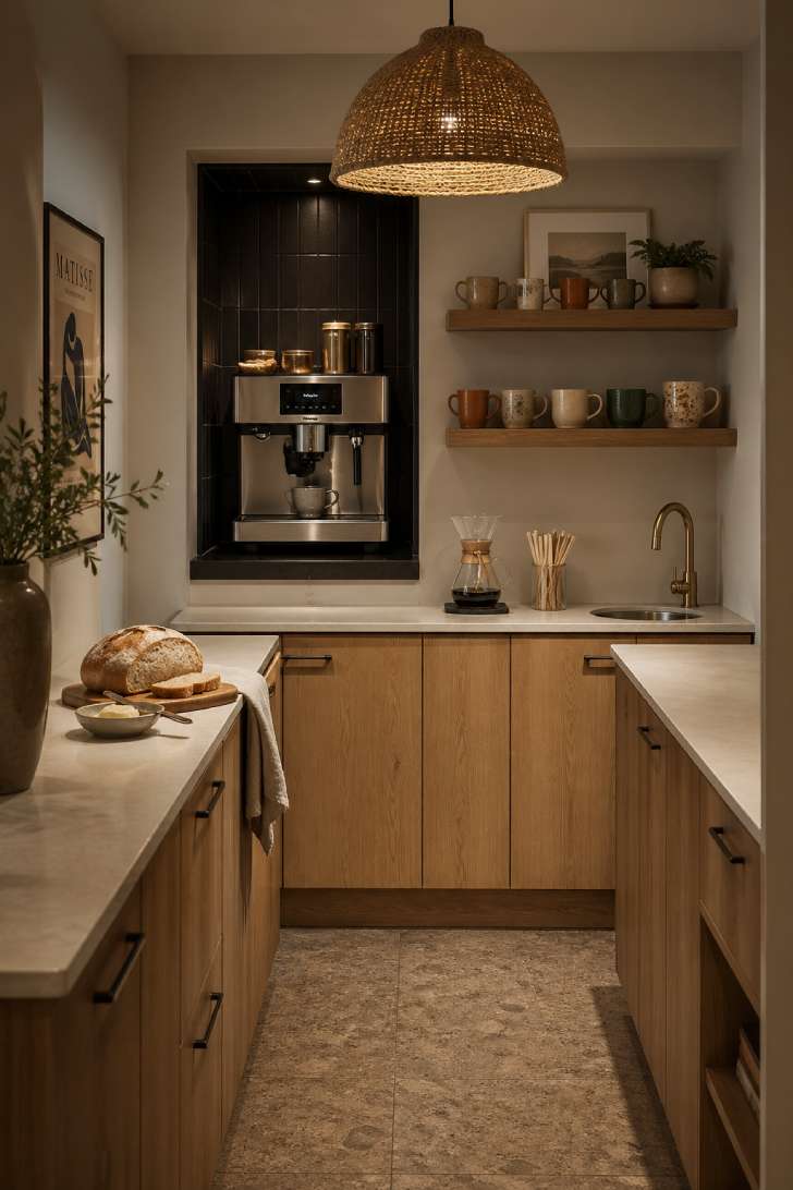 Basement coffee bar with built-in espresso niche, walnut shelves, and ceramic mugs.