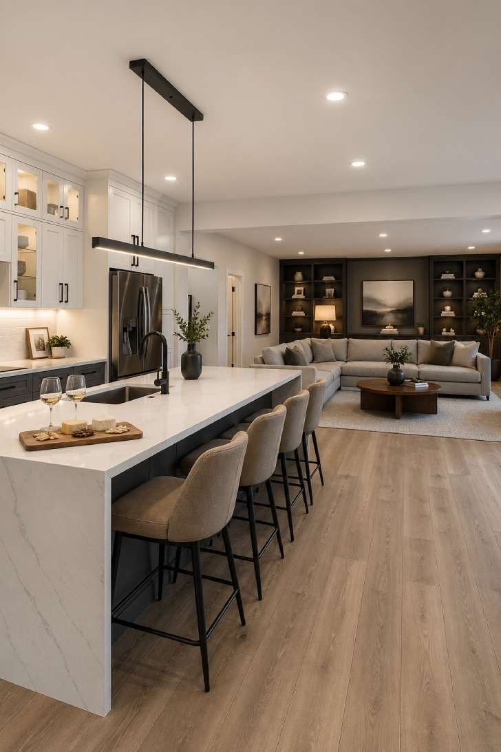 Open-concept basement kitchen and living area with large island and upholstered stools.