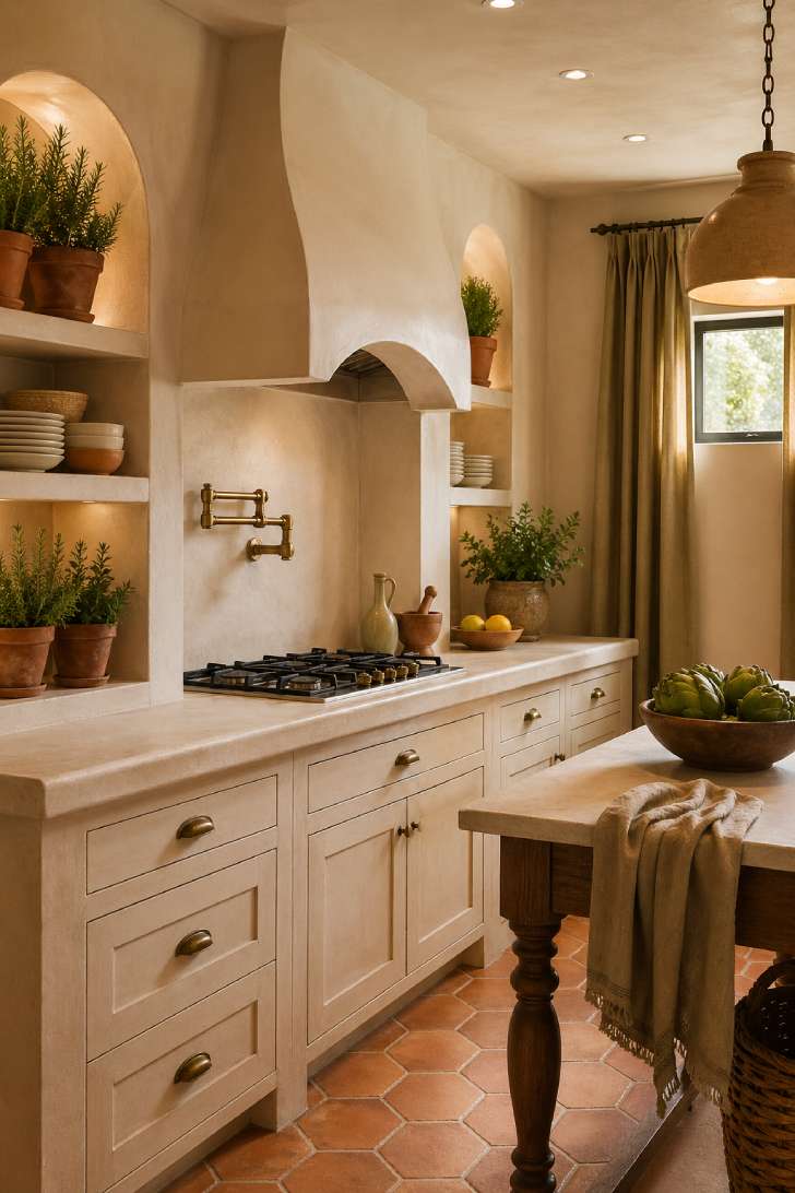 Mediterranean basement kitchen with terracotta tile, arched plaster hood, and limestone counter.