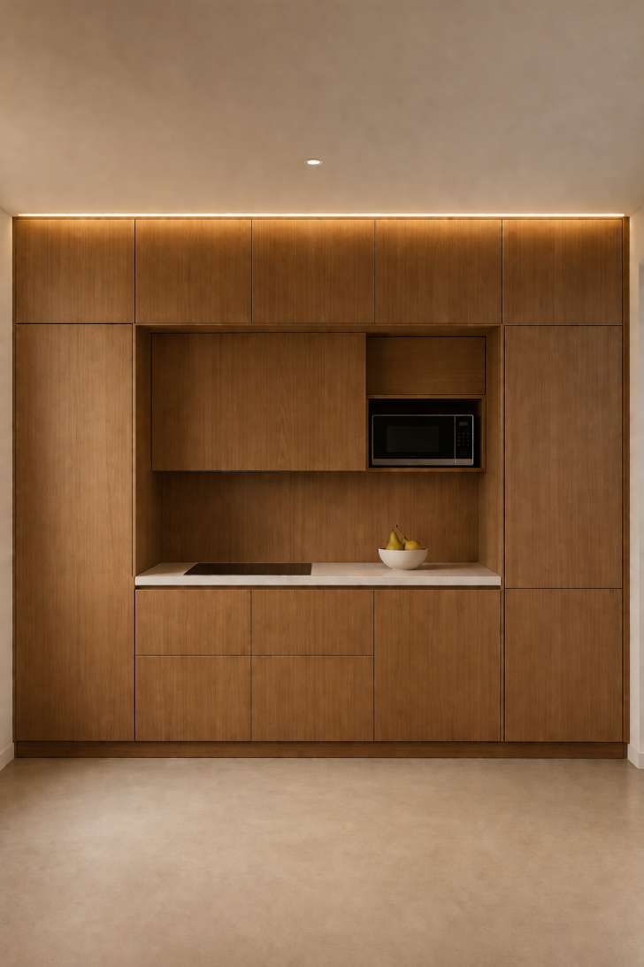 Minimal basement kitchen with fully concealed appliances behind warm oak panel cabinetry.