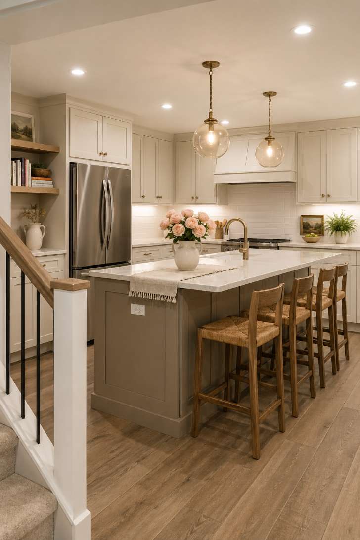 Transitional basement family kitchen with creamy shaker cabinets, quartz island, and woven counter stools.