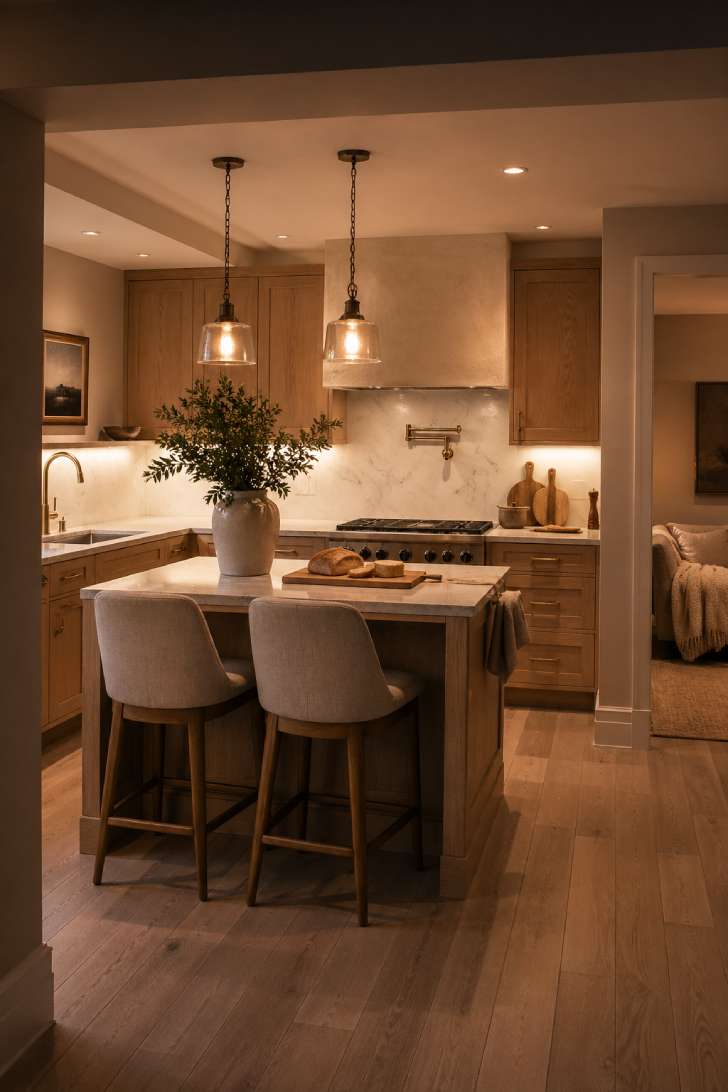 Warm and inviting basement kitchen hero image with oak cabinets, marble counter, and golden pendant lighting.