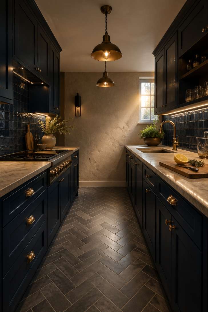 Navy blue galley basement kitchen with brass hardware and zellige tile backsplash.