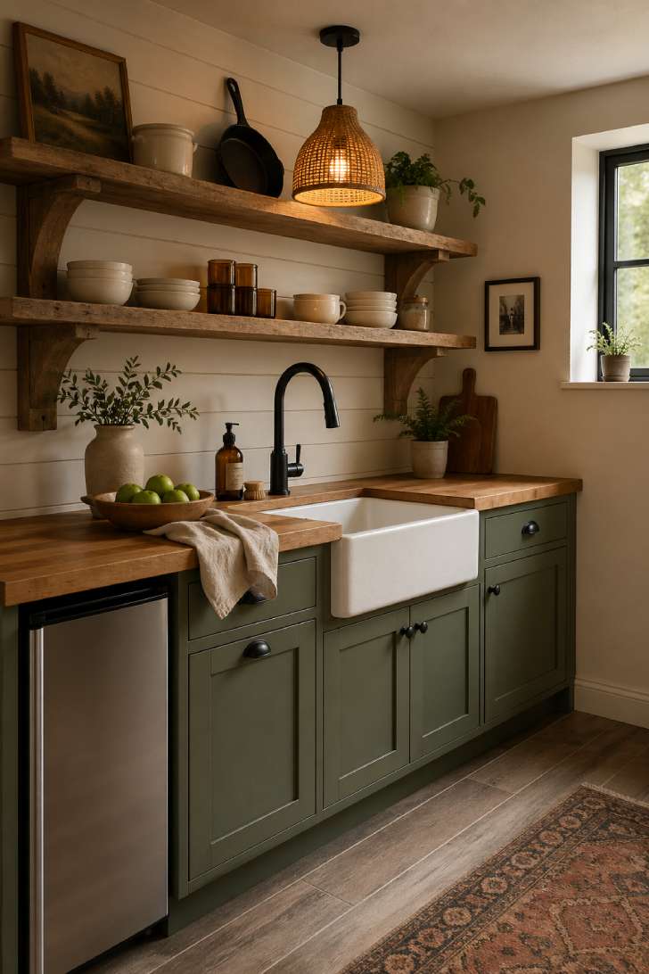 Sage green farmhouse basement kitchenette with butcher block counter and open shelving.