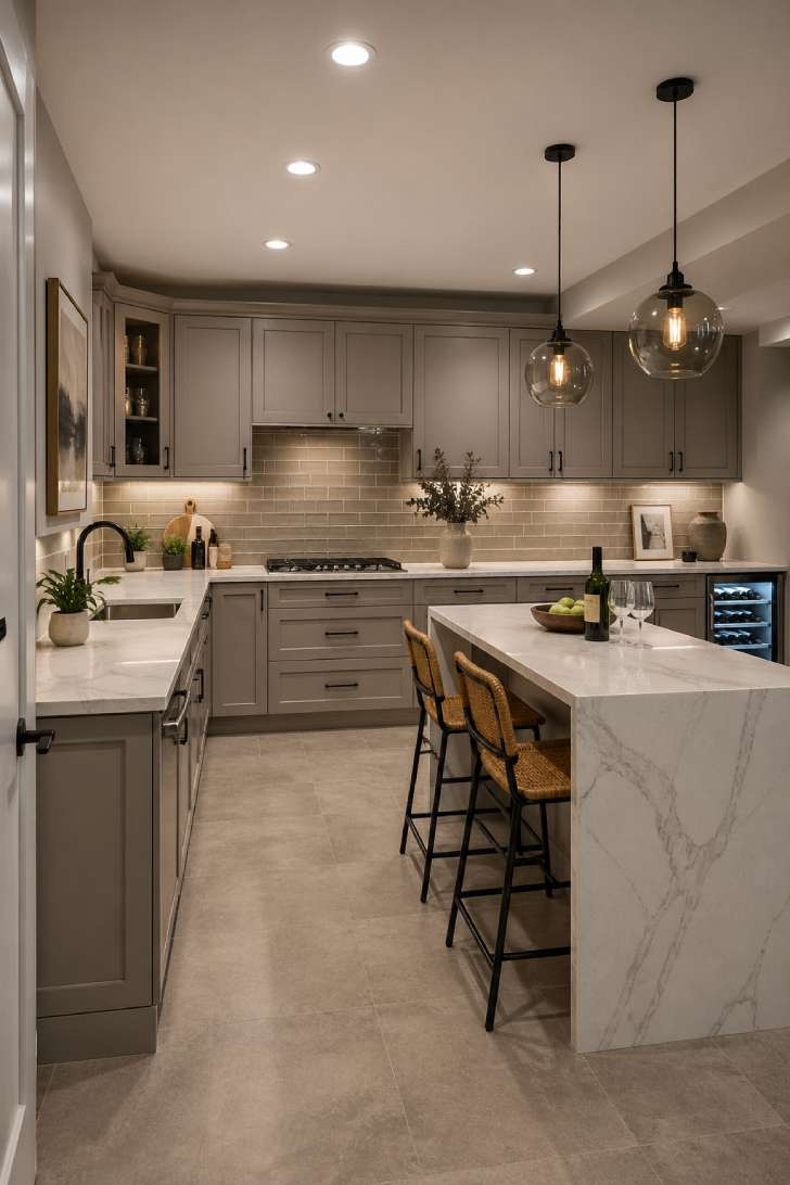 Dove-gray L-shaped basement kitchen with waterfall quartz island and wine fridge.
