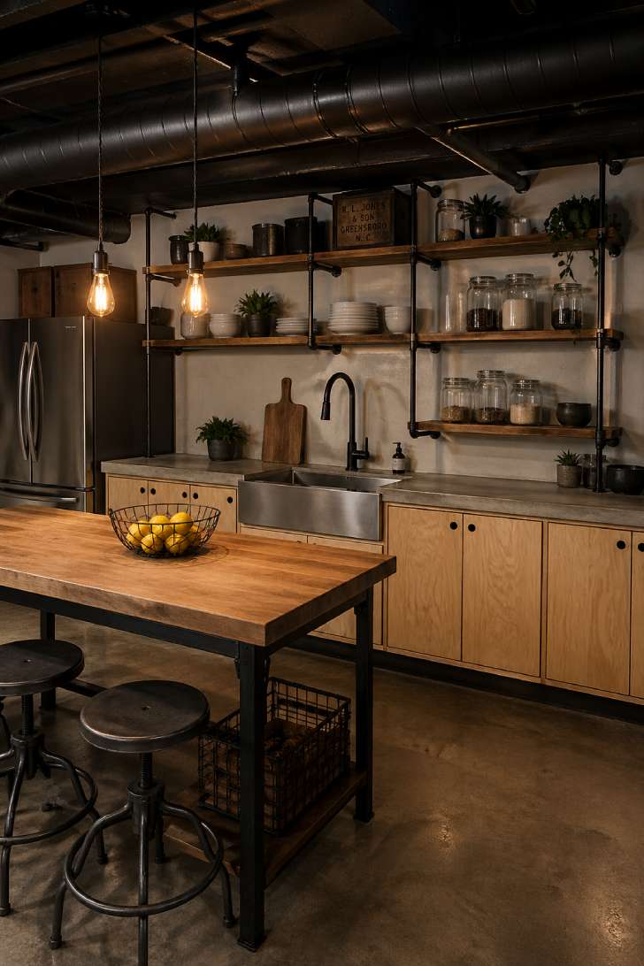 Industrial basement kitchen with concrete counters, exposed ductwork, and open steel shelving.